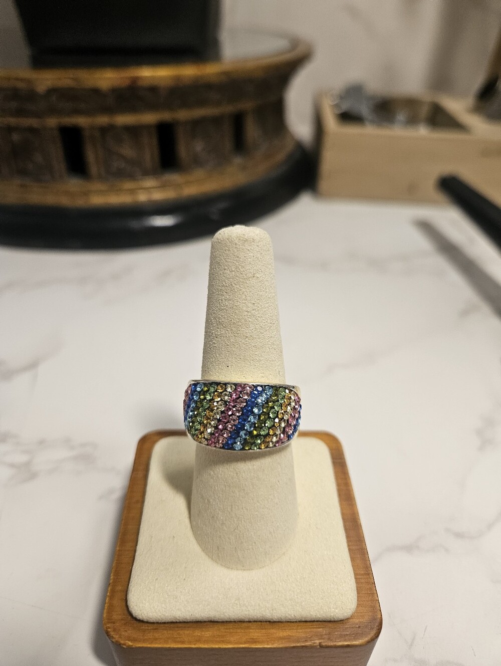 Vintage RAINBOW Crystal Thailand JCM Brass RING 8